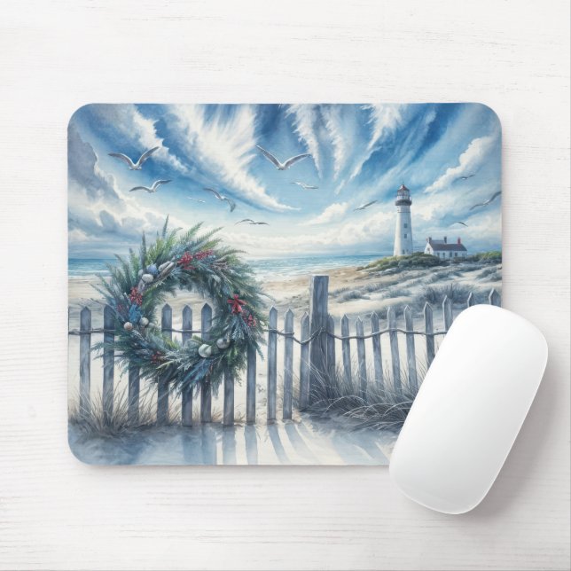 Tapis De Souris Couronne de Noël sur une clôture de plage (Avec souris)