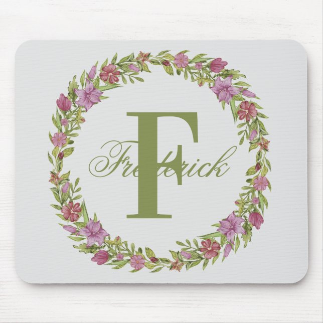 Tapis De Souris Couronne florale personnalisée Nom Monogramme (Devant)