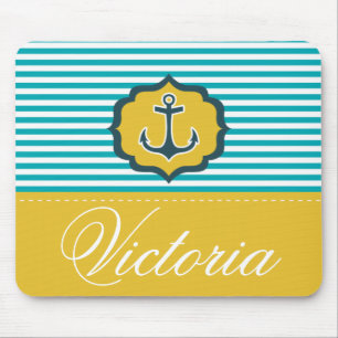 Tapis De Souris Coutume jaune bleue d'ancre de rayures d'Aqua