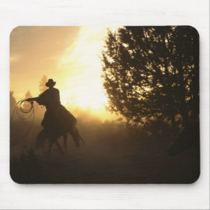 Tapis De Souris Cowboy avec Lasso au coucher du soleil