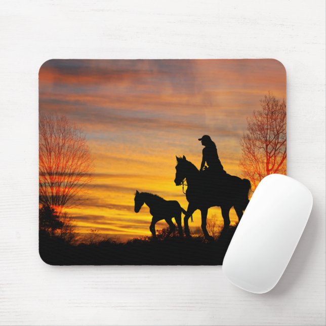 Tapis De Souris Cowgirl Sunset Horse Ride Souris Pad (Avec souris)
