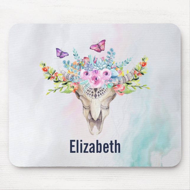 Tapis De Souris Crâne animal Boho avec papillons et fleurs (Devant)
