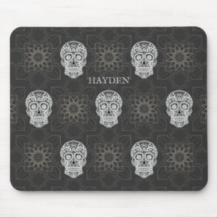 Tapis De Souris Crâne de sucre gothique et motif géométrique gris
