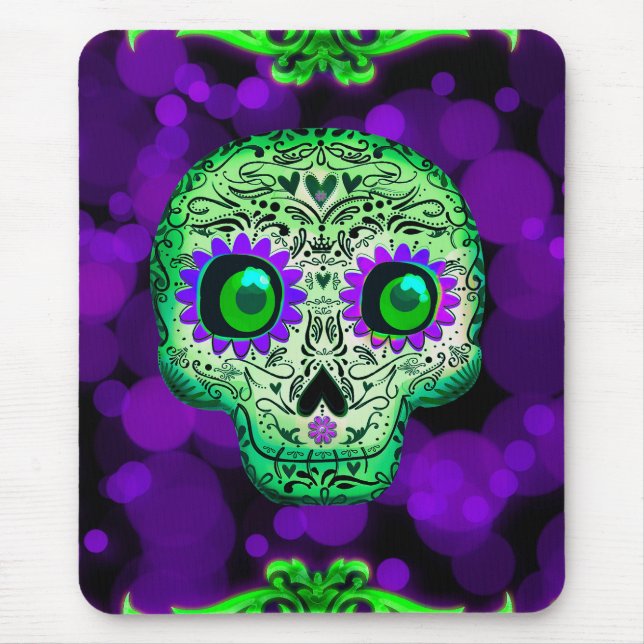 Tapis De Souris Crâne de sucre vert et violet brillant Halloween (Devant)