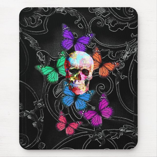 Tapis De Souris Crâne d'imaginaire et papillons colorés (Devant)