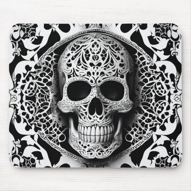 Tapis De Souris Crâne éffrayant de dentelle souriante noire et bla (Devant)