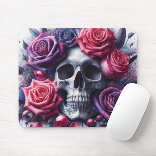 Tapis De Souris Crâne entouré de Roses dynamiques (Avec souris)
