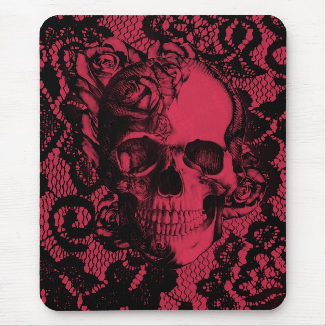 Tapis De Souris Crâne gothique de dentelle en rouge et le noir (Devant)