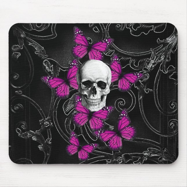 Tapis De Souris Crâne gothique et papillons pourpres (Devant)