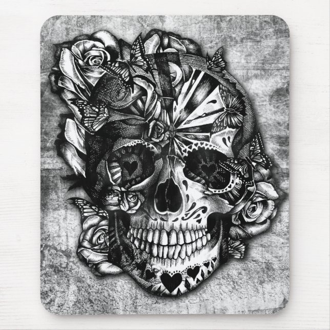 Tapis De Souris Crâne grunge de sucre de sucrerie en noir et (Devant)