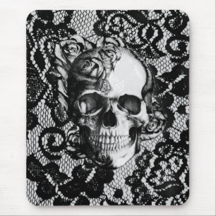 Tapis De Souris Crâne noir et blanc de rose sur le fond de