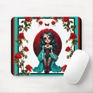 Tapis De Souris Crânes de sucre aux roses sarcelles et rouges