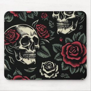Tapis De Souris Crânes et roses rouges Floral gothique