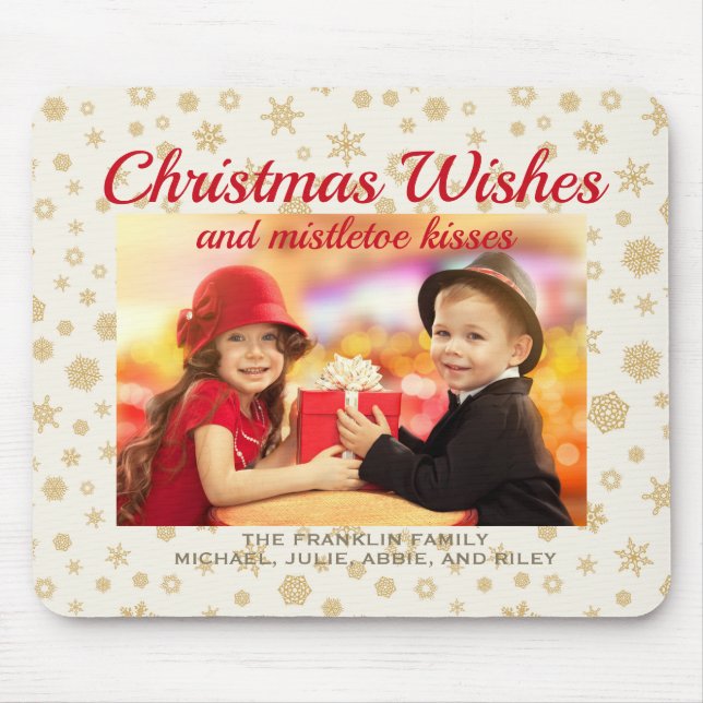 Tapis De Souris Crème d'or Noël Snowflakes Souhaits Photo Cadeau (Devant)