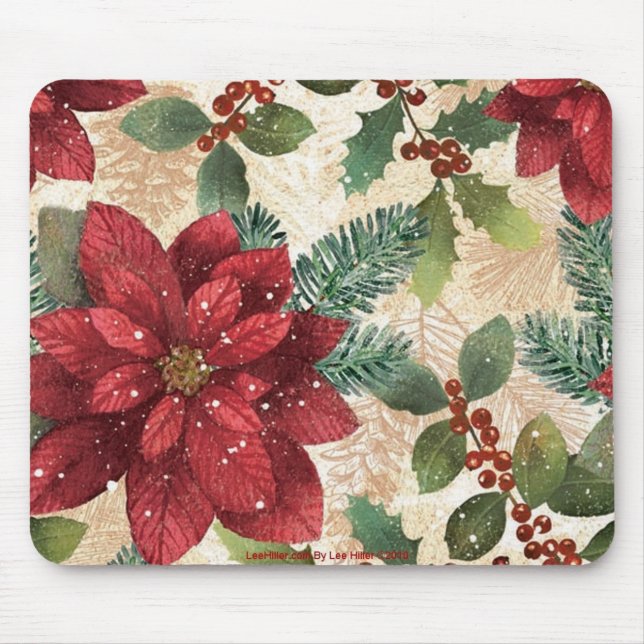 Tapis De Souris Crème verte rouge Retro les années 50 Poinsettia (Devant)