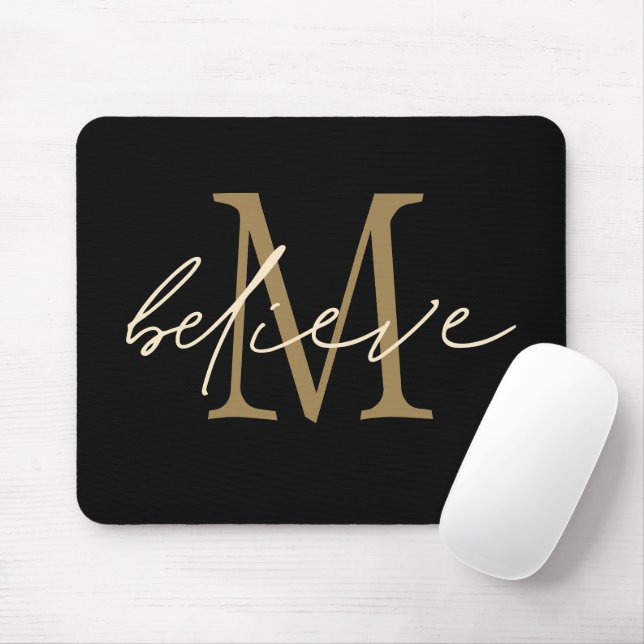 Tapis De Souris Croire Motivational Black Gold Initial Monogramme (Avec souris)