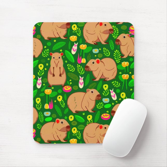 Tapis De Souris Croquis Capybara avec fleurs de printemps sur vert (Avec souris)