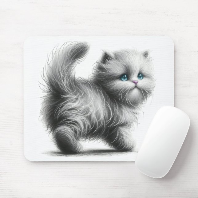 Tapis De Souris Croquis de chaton sur fond blanc (Avec souris)