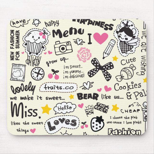 Tapis De Souris Croquis Girly doux sucrés de bande dessinée (Devant)