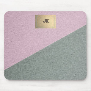 Tapis De Souris Cuir Vert Rose Élégant Monogramme  