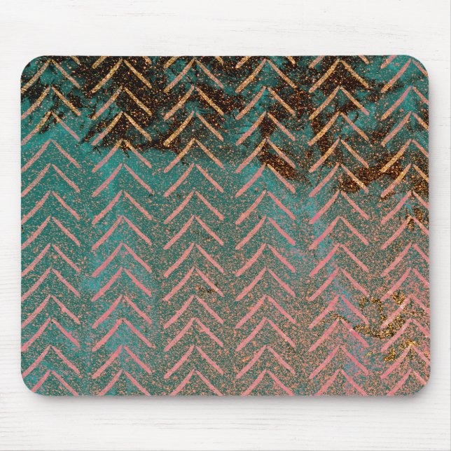 Tapis De Souris Cuivre rustique et Teal Chevron de marbre (Devant)