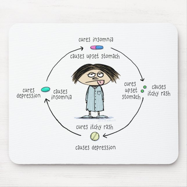 Tapis De Souris Cures et causes | Drôle Caricature de médicaments (Devant)