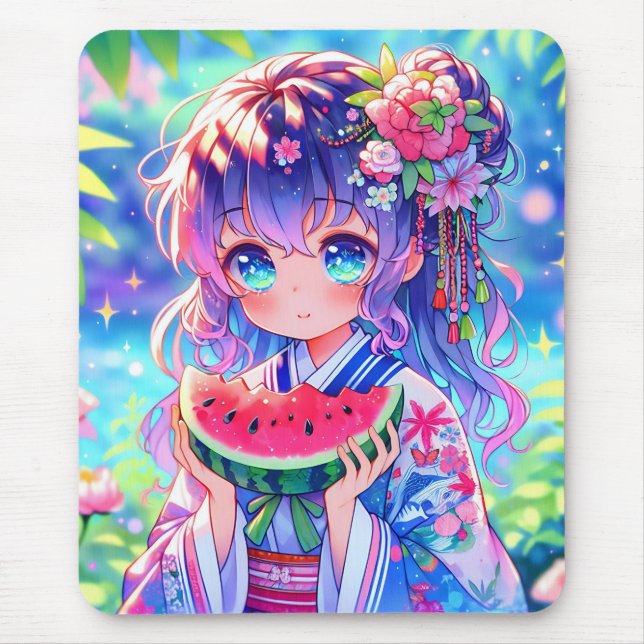 Tapis De Souris Cute Anime Girl Manger Watermelon sur une journée  (Devant)