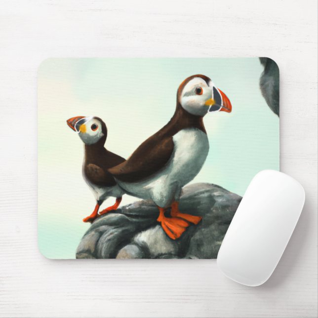 Tapis De Souris Cute Atlantic Puffins Oiseaux de mer sur les roche (Avec souris)