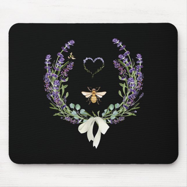 Tapis De Souris Cute Bee Bow Lavender Flower Heart Botanical Natur (Devant)