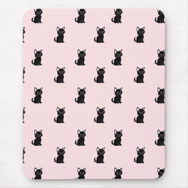 Tapis De Souris Cute Black Cat Pattern on Pastel Pink (Devant)
