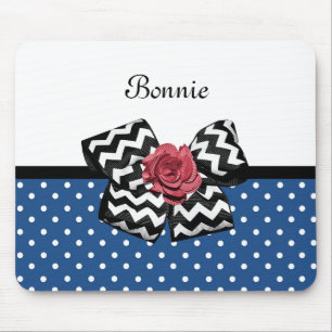 Tapis De Souris Cute Bleu Pois Rouge Rose Chevron Bow et nom