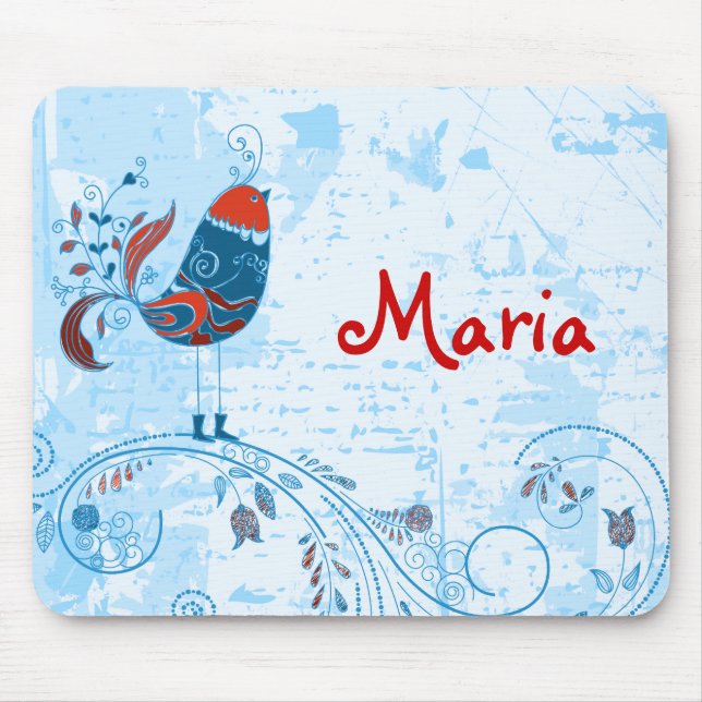 Tapis De Souris Cute Blue Bird Girl Retro mode florale (Devant)