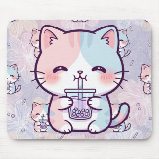 Tapis De Souris Cute Boba Tea Kitten Mousepad - Aesthetic Pastel 