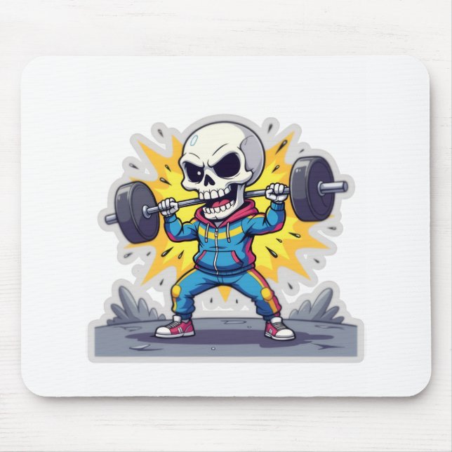 Tapis De Souris “Cute Cartoon Skeleton Weightlifter • Funny Gym Ba (Devant)