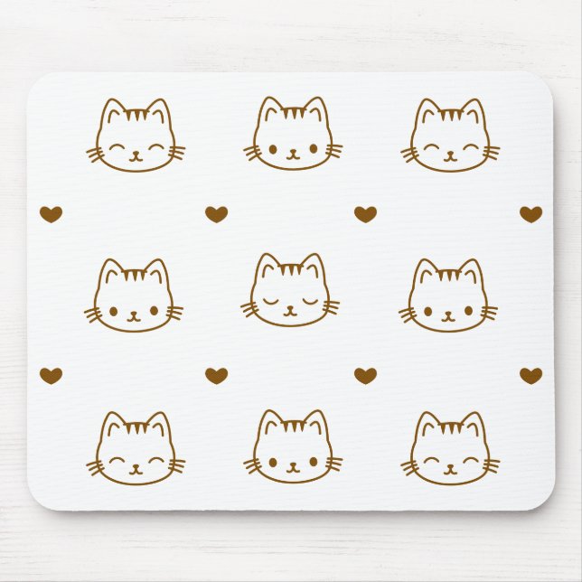 Tapis De Souris Cute Cat and Heart Pattern Brown on White (Devant)