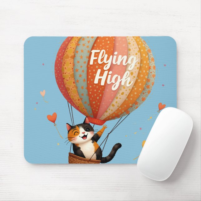 Tapis De Souris Cute Chat Hot Air Balloon Whimsical Art (Avec souris)
