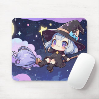 Tapis De Souris Cute Chibi Witch Flying in the Night Sky – Whimsic