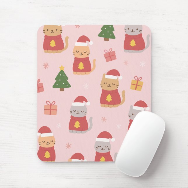 Tapis De Souris Cute Christmas Cats Pattern – Pink Holiday Design (Avec souris)