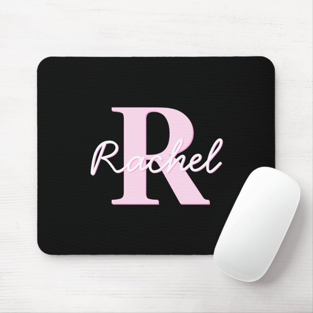 Tapis De Souris Cute Customizable Monogram | Light Pink & Black (Avec souris)