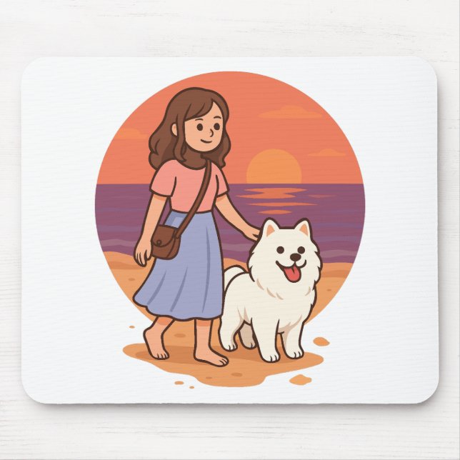 Tapis De Souris Cute Dog Mom Walking Fluffy Pup on Sunset Beach  (Devant)