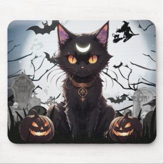 Tapis De Souris Cute Éffrayante Chat Noir avec lune.