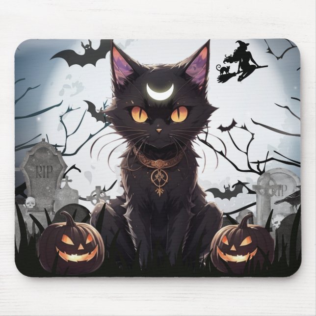 Tapis De Souris Cute Éffrayante Chat Noir avec lune. (Devant)