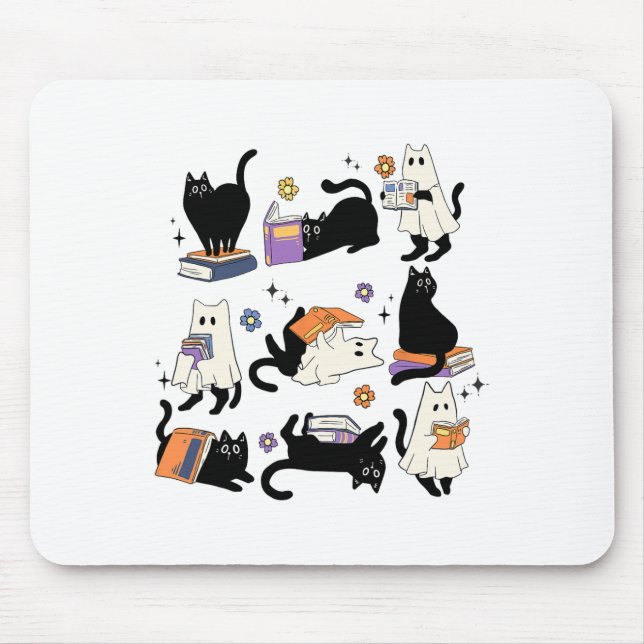 Tapis De Souris Cute Ghost Black Cat Lecture Livres Éffrayant Hall (Devant)