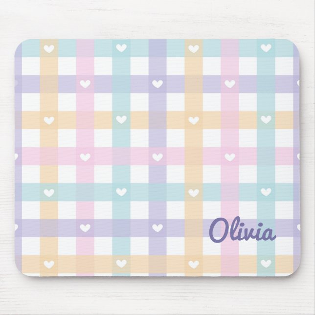 Tapis De Souris Cute Girly En vichy Plaid avec les coeurs (Devant)
