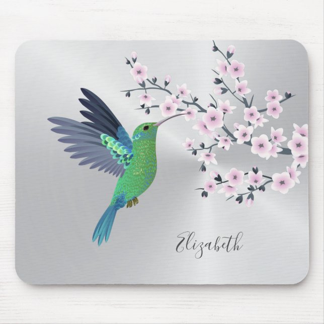 Tapis De Souris Cute Green Hummingbird Cherry Blossom Ajouter Nom (Devant)