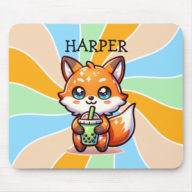 Tapis De Souris Cute Kawaii Fox avec thé bulle Personnalisé (Devant)