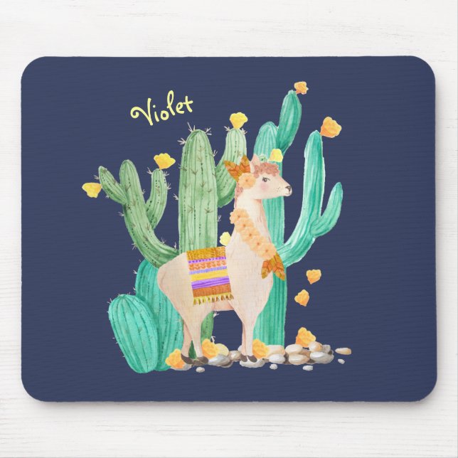 Tapis De Souris Cute Llama dans le jardin de Cactus - Bleu personn (Devant)