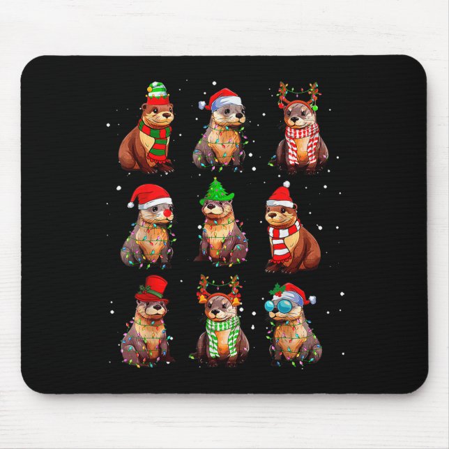 Tapis De Souris Cute Otter Christmas Pajama Funny Xmas Lights Anim (Devant)