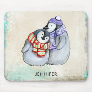 Tapis De Souris Cute Penguins in Winter Scarves and Hats Custom