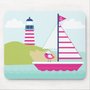 Tapis De Souris Cute Pink Sail Boat and Lighthouse